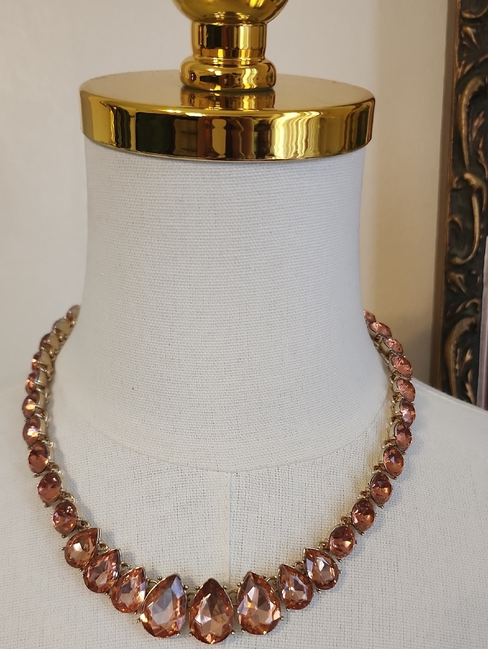 Charter Club Pink Crystal Teardrop Necklace Gold Tone Statement Bib